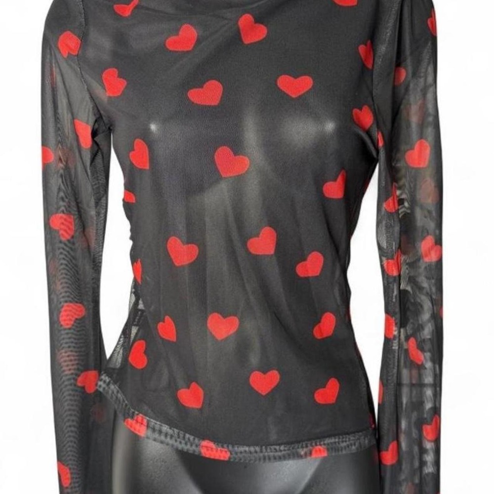 SHEIN Whimsigoth Red Heart All Over Print Sheer Mesh Long Sleeve Top